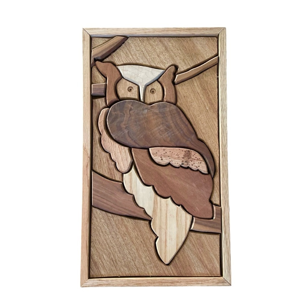 Vintage Hand Crafted Wooden Owl Art Brown Tan - Picture 1 of 6